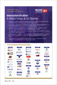 Poster: Internationalisation—A Global Vision at GD Goenka with NAAC A+ badge and bullet points about international programs and partnerships (Admissions Open).